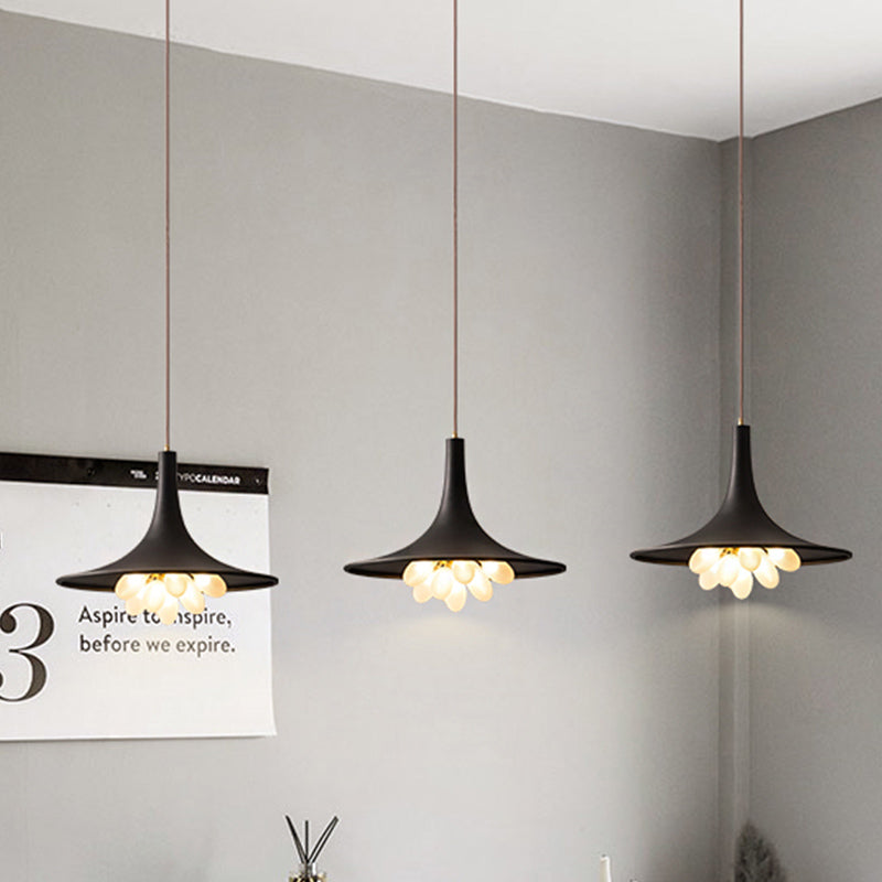 Industrial Black Iron Pendant Chandelier With Wide Flared Shade – Grapes Frosted Glass Dining