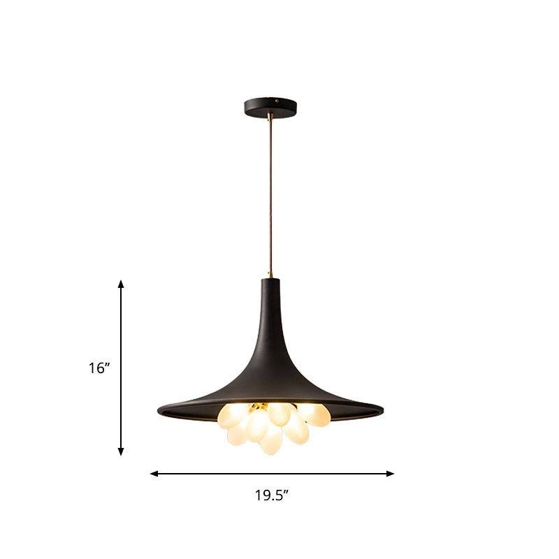 Industrial Black Iron Pendant Chandelier With Wide Flared Shade – Grapes Frosted Glass Dining