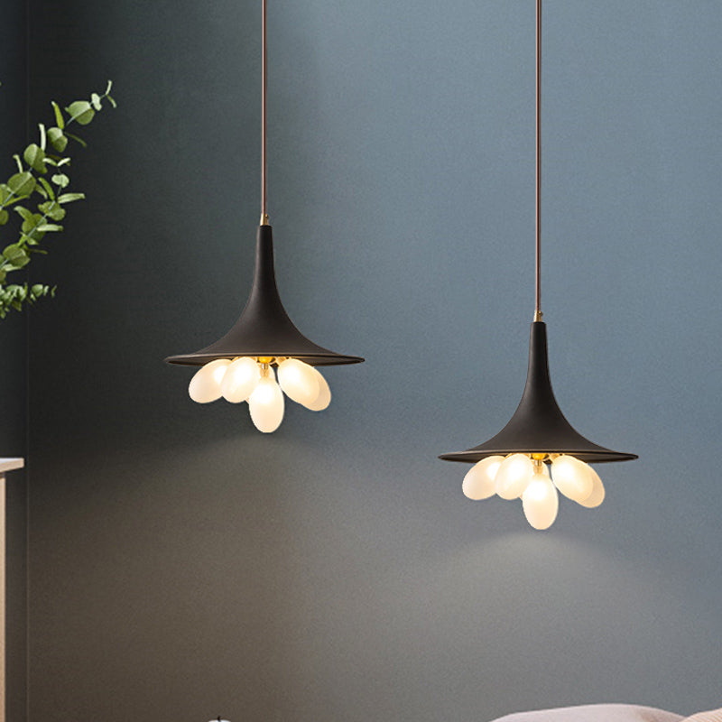 Industrial Black Iron Pendant Chandelier With Wide Flared Shade – Grapes Frosted Glass Dining