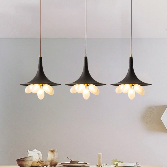 Industrial Black Iron Pendant Chandelier With Wide Flared Shade – Grapes Frosted Glass Dining