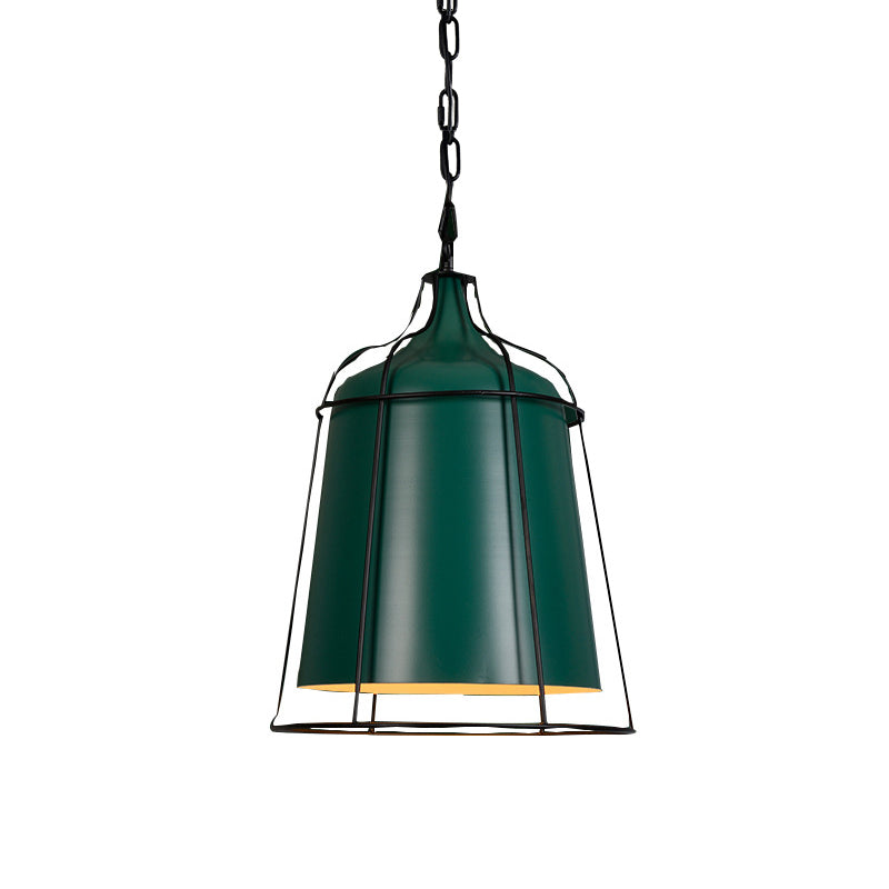 Industrial-Style Dark Green Hanging Pendant With Wire Cage - Aluminum Tapered Suspension Lighting