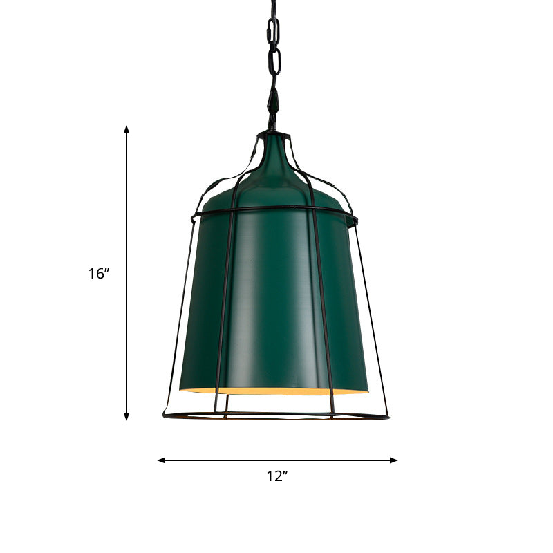 Industrial-Style Dark Green Hanging Pendant With Wire Cage - Aluminum Tapered Suspension Lighting