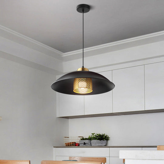 Factory Style Black Iron Ceiling Pendant Light With Brass Mesh Screen Inside - Shallow Bowl Head