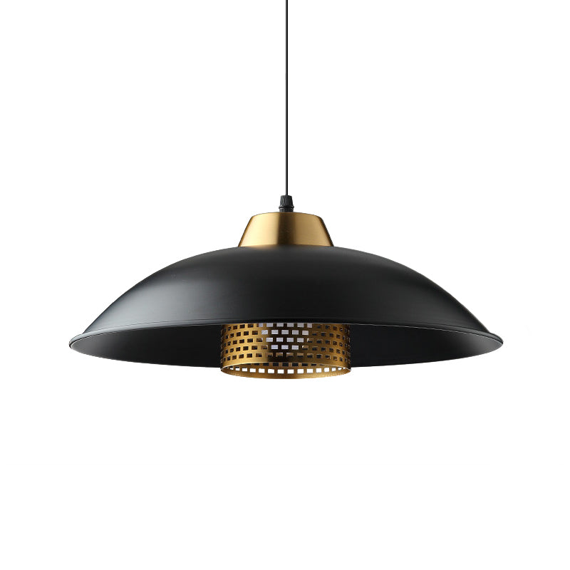Factory Style Black Iron Ceiling Pendant Light With Brass Mesh Screen Inside - Shallow Bowl Head