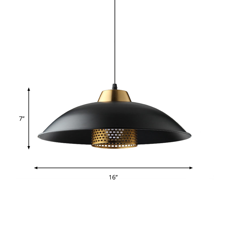 Factory Style Black Iron Ceiling Pendant Light With Brass Mesh Screen Inside - Shallow Bowl Head