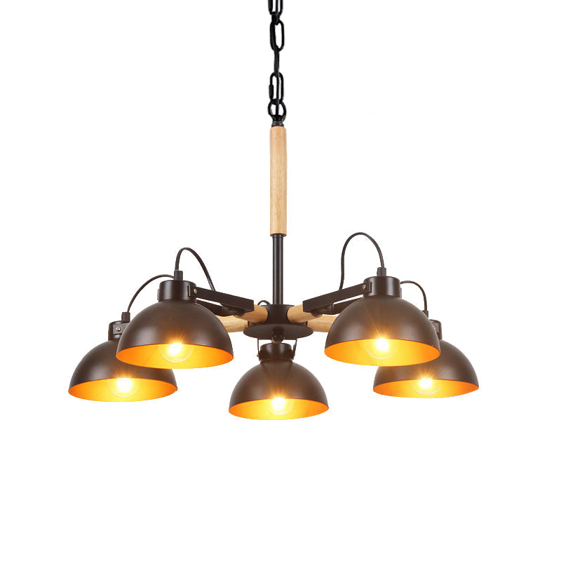 Modern Iron Black And Gold Chandelier With Rotating Bowl Shade Wood Arm - 3/5/6 Head Ceiling