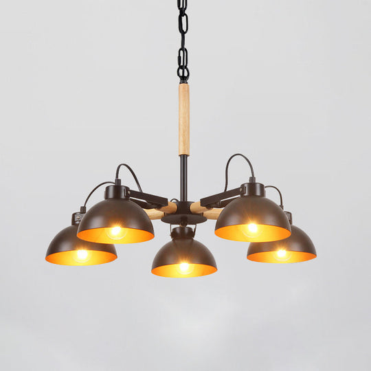 Modern Iron Black And Gold Chandelier With Rotating Bowl Shade Wood Arm - 3/5/6 Head Ceiling