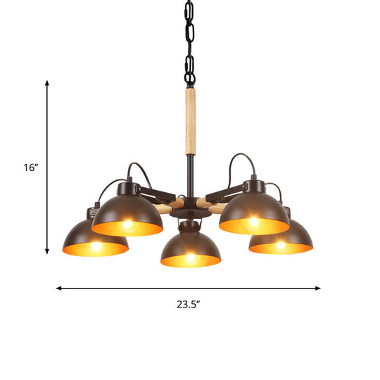 Modern Iron Black And Gold Chandelier With Rotating Bowl Shade Wood Arm - 3/5/6 Head Ceiling