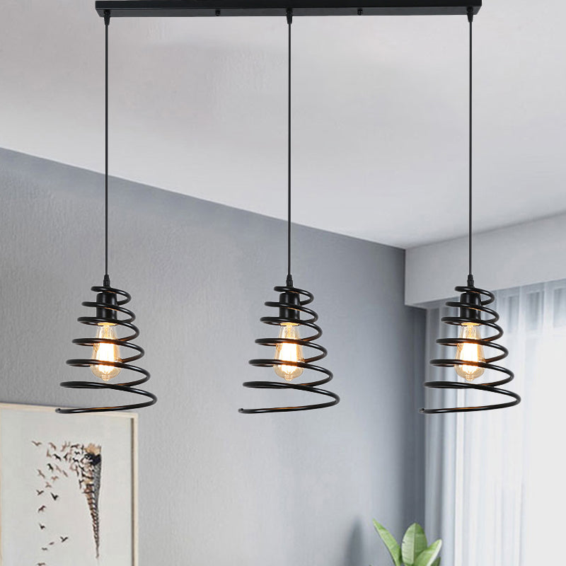 Modern 3-Head Pendant Light In Black - Multi Fixture For Loft Conical Spring Iron Design With