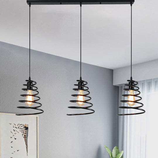 Modern 3-Head Pendant Light In Black - Multi Fixture For Loft Conical Spring Iron Design With