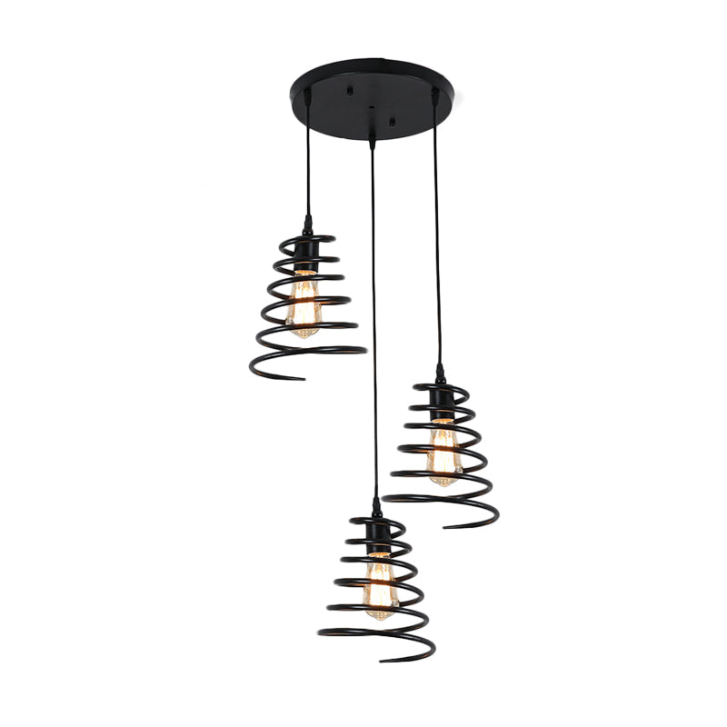 Modern 3-Head Pendant Light In Black - Multi Fixture For Loft Conical Spring Iron Design With
