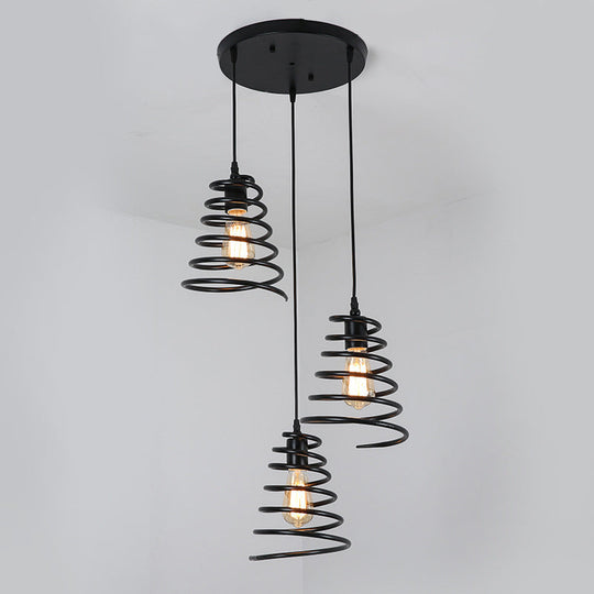 Modern 3-Head Pendant Light In Black - Multi Fixture For Loft Conical Spring Iron Design With