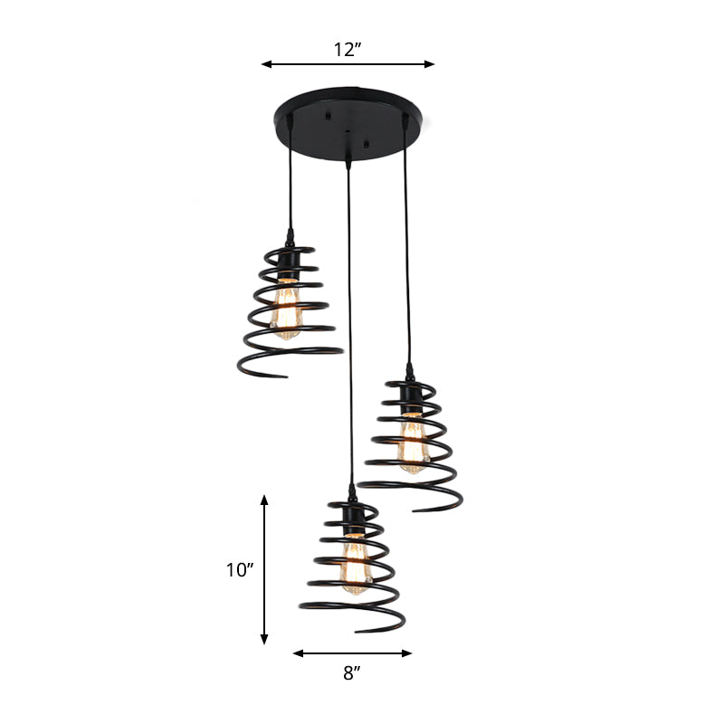 Modern 3-Head Pendant Light In Black - Multi Fixture For Loft Conical Spring Iron Design With