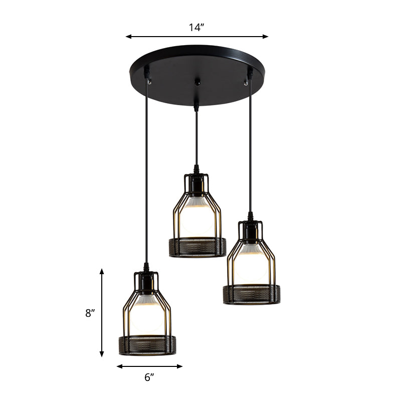 Iron Bottle Frame Cluster Pendant Industrial Suspension Lighting With Mesh Bottom - Black 3 Bulbs