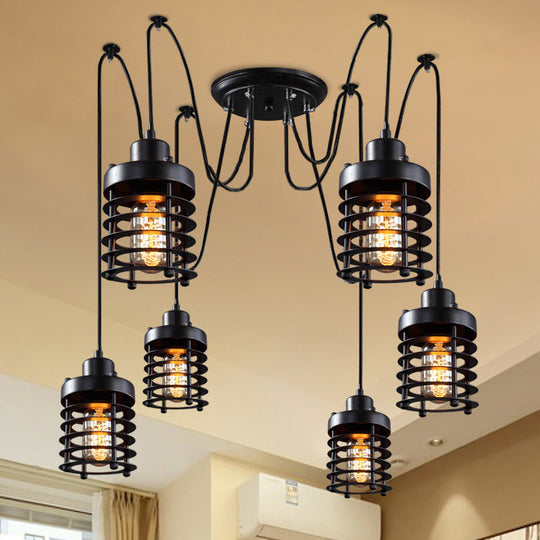 Black Metal Factory Lantern Swag Pendant Light With 6 Hanging Heads For Living Room