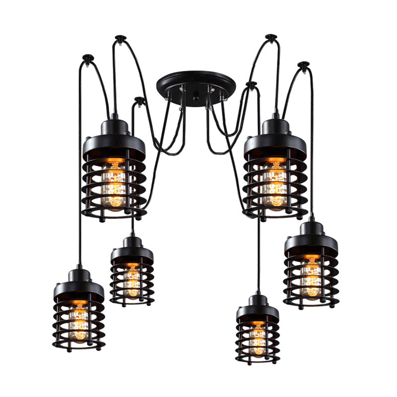 Black Metal Factory Lantern Swag Pendant Light With 6 Hanging Heads For Living Room