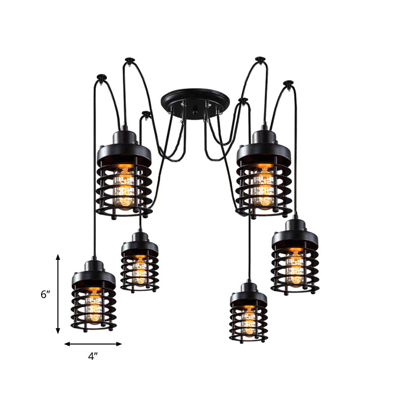 Black Metal Factory Lantern Swag Pendant Light With 6 Hanging Heads For Living Room