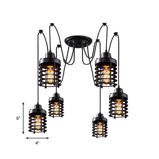 Black Metal Factory Lantern Swag Pendant Light With 6 Hanging Heads For Living Room