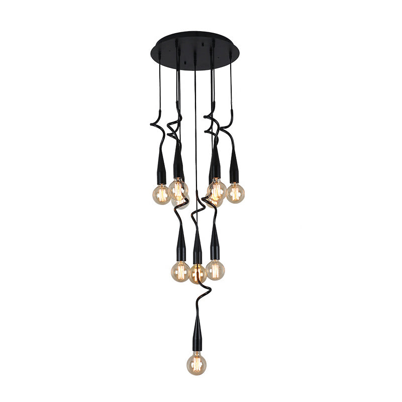 Industrial Style Black Iron Pendant Lamp With Cascading Open Bulb Design - 3 To 10 Heads