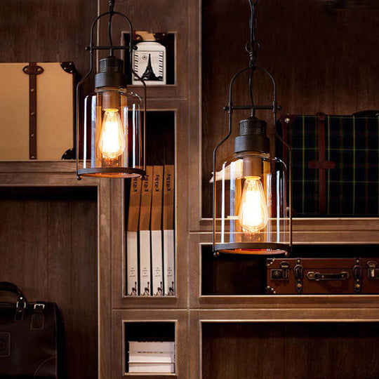 Clear Glass Hanging Pendant Light - Warehouse Style Black Cylinder Design With Metal Frame