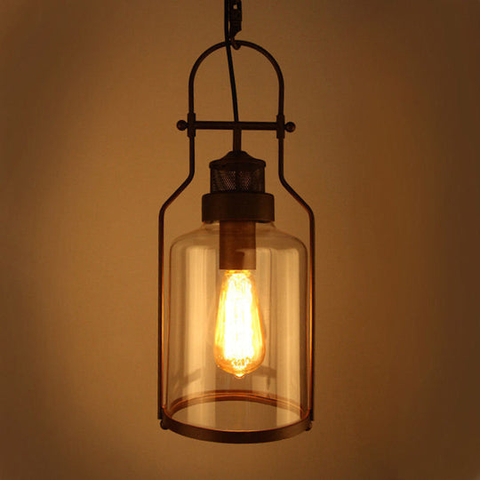 Clear Glass Hanging Pendant Light - Warehouse Style Black Cylinder Design With Metal Frame
