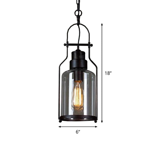 Clear Glass Hanging Pendant Light - Warehouse Style Black Cylinder Design With Metal Frame