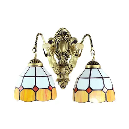 Multicolor Stained Glass Wall Sconce Light - Tiffany Dome/Cone Design With Brass Finish 2 Heads