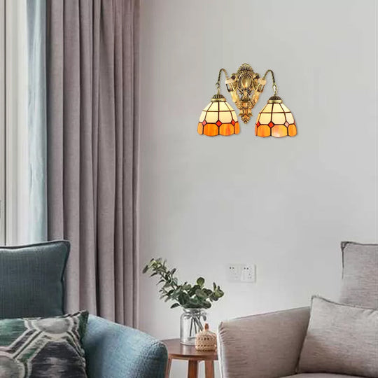 Multicolor Stained Glass Wall Sconce Light - Tiffany Dome/Cone Design With Brass Finish 2 Heads