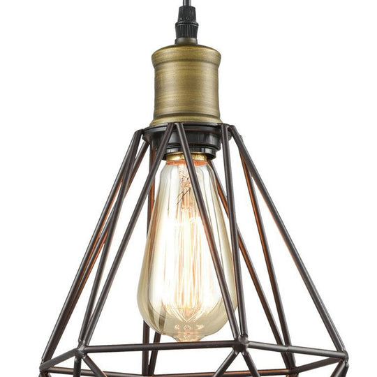 Diamond Cage Pendant Light In Retro Style- Brass/Antique For Living Room
