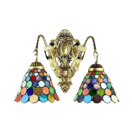 Multicolor Stained Glass Wall Sconce Light - Tiffany Dome/Cone Design With Brass Finish 2 Heads