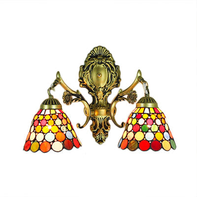 Multicolor Stained Glass Wall Sconce Light - Tiffany Dome/Cone Design With Brass Finish 2 Heads