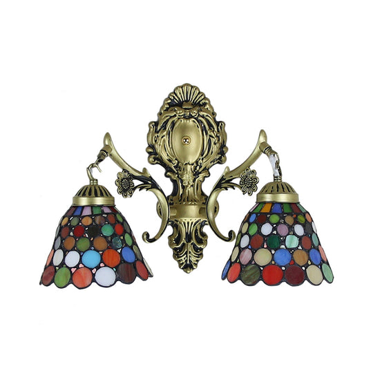 Multicolor Stained Glass Wall Sconce Light - Tiffany Dome/Cone Design With Brass Finish 2 Heads