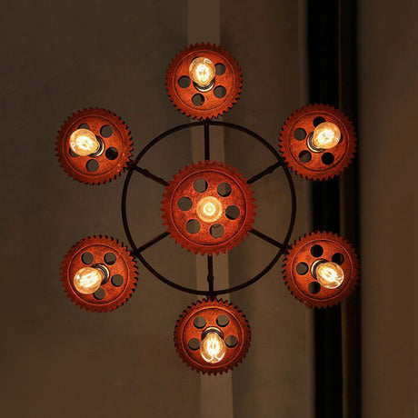 Dark Rust Metal Chandelier Light With Antique Style - 3/7 Heads Gear Pendant Lighting Fixture For