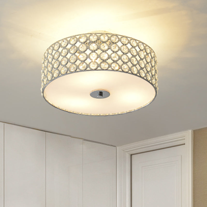 Contemporary Crystal Drum Ceiling Flush Light - 3-Light White Bedroom Mount Lamp