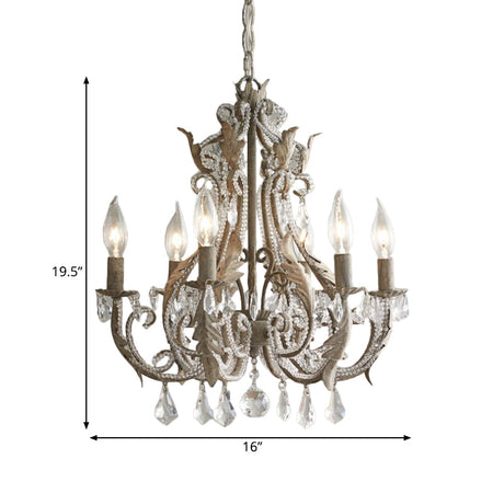 French Country Candle Chandelier - 6 Light Crystal Hanging In Antiqued Grey