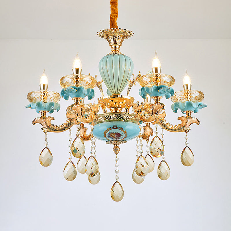Moroccan Gold-Blue Ceramic Hanging Chandelier With K9 Crystal Drop - 3/6 Bulb Candelabrum Lamp