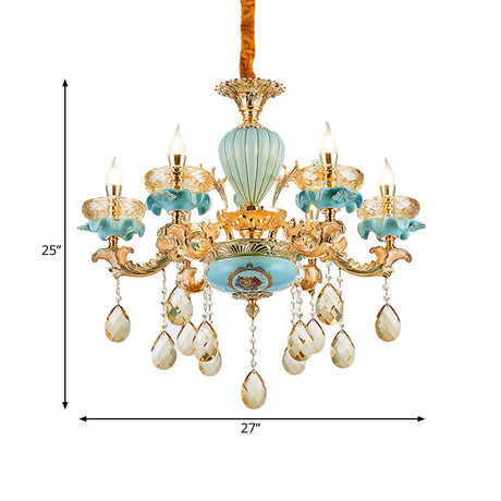Moroccan Gold-Blue Ceramic Hanging Chandelier With Crystal Drops - 3/6 Bulb Candelabrum
