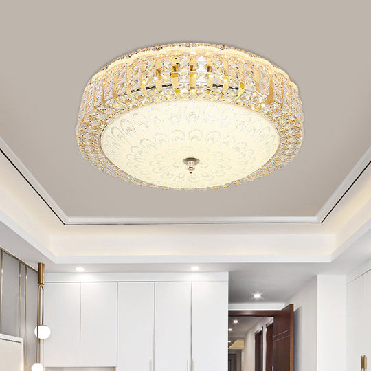 Minimalist Led Crystal Ceiling Light For Hotels - Frosted Flower Glass Shade Gold Finish