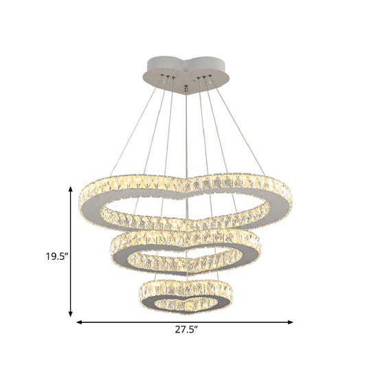 Modernist Crystal Heart Chandelier - Chrome 3-Tier Led Hanging Light Fixture