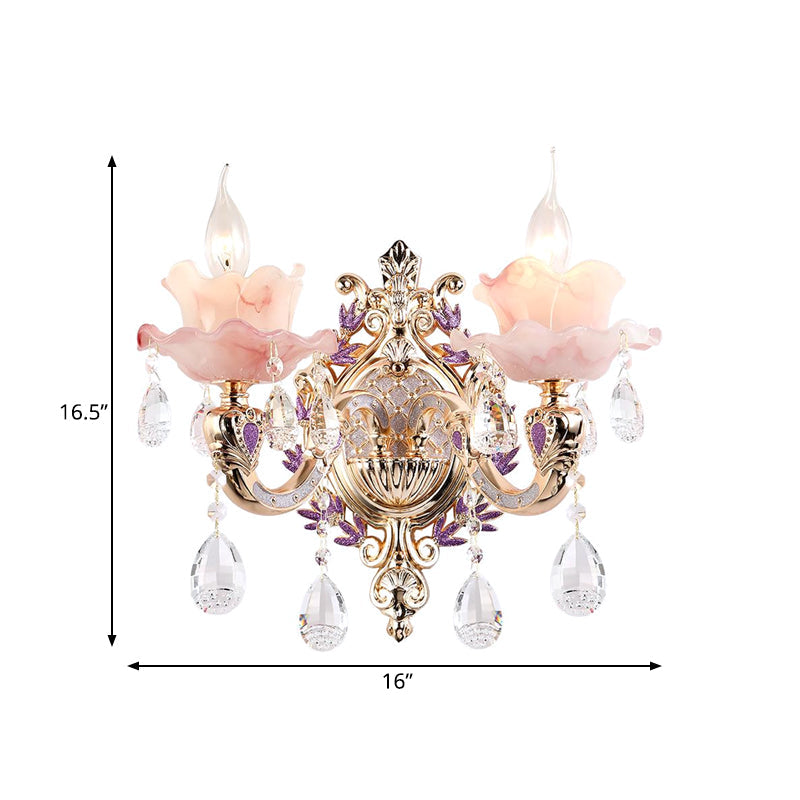 Ruffle Purple Glass Sconce Lamp - Countryside 1/2-Light Wall Mount Lighting With K9 Crystal Drop