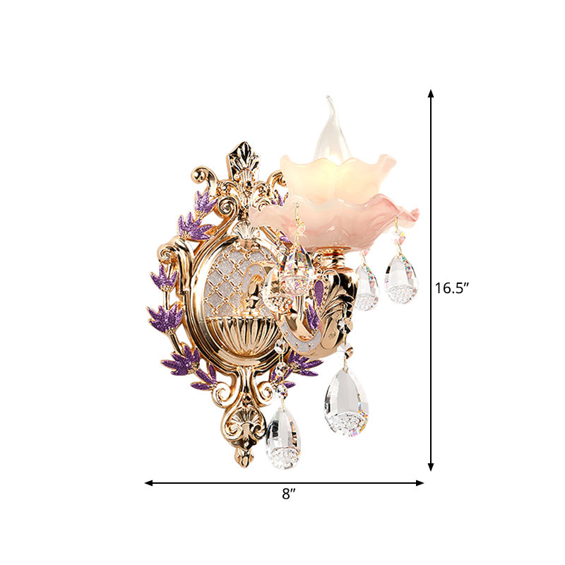 Ruffle Purple Glass Sconce Lamp - Countryside 1/2-Light Wall Mount Lighting With K9 Crystal Drop