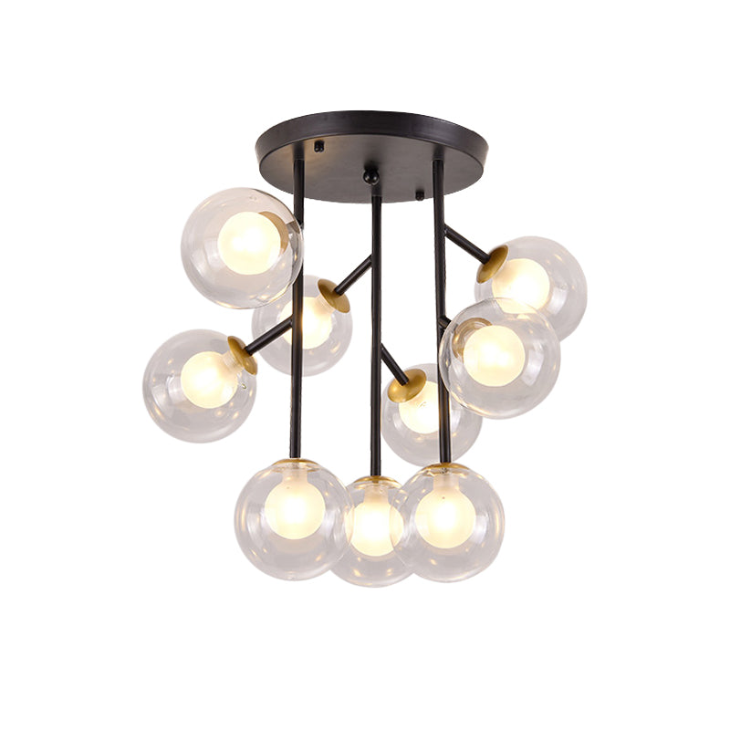 Modern Ball Semi - Mount Clear Glass Ceiling Lamp With Black/Gold Finish - 9/12 Heads Ideal For