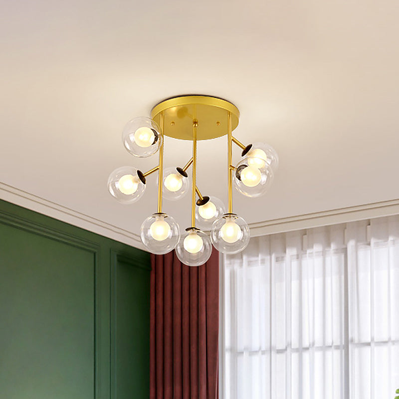 Modern Ball Semi - Mount Clear Glass Ceiling Lamp With Black/Gold Finish - 9/12 Heads Ideal For