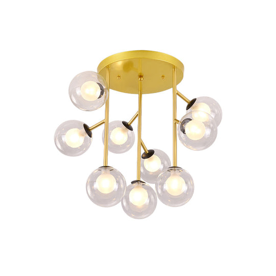Modern Ball Semi - Mount Clear Glass Ceiling Lamp With Black/Gold Finish - 9/12 Heads Ideal For