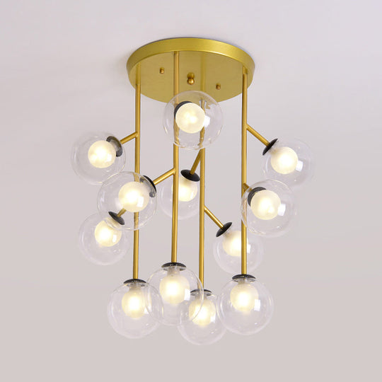Modern Ball Semi - Mount Clear Glass Ceiling Lamp With Black/Gold Finish - 9/12 Heads Ideal For