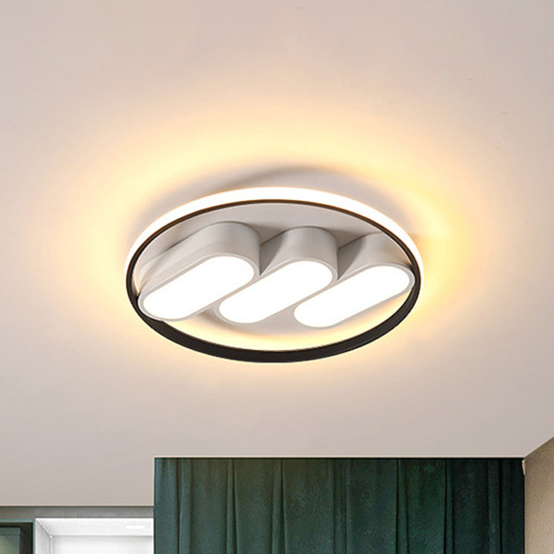 Modern Round Flush Led Bedroom Lamp In White-Black: Metallic Lighting Fixture Black-White