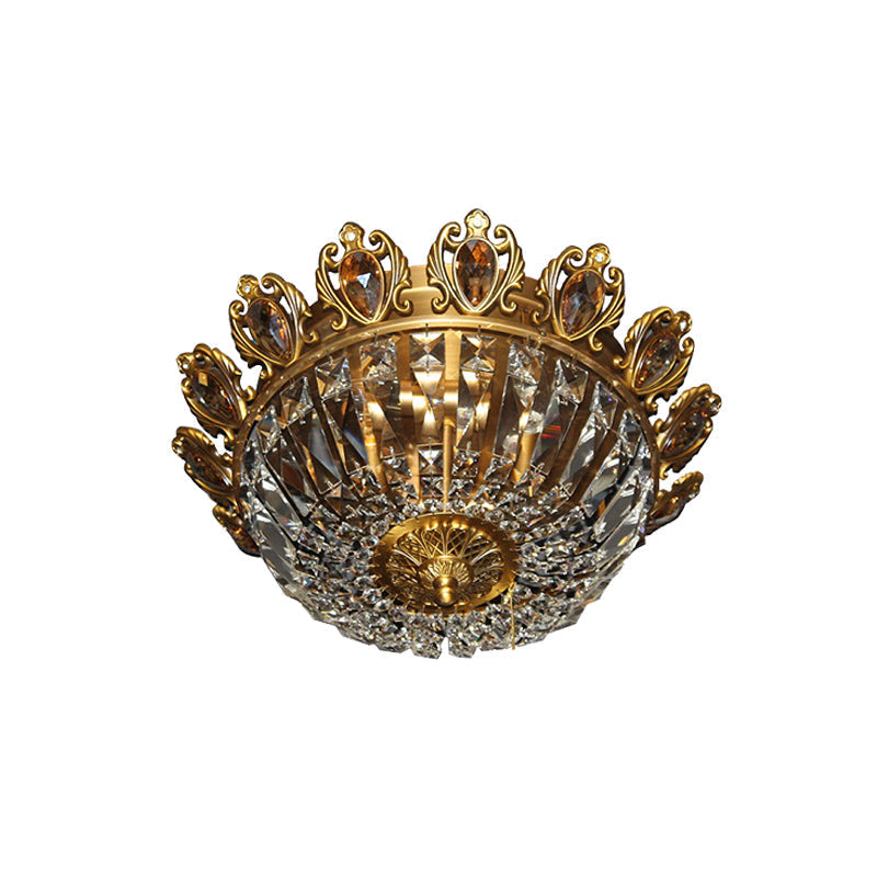 Traditional Beveled Crystal Bowl Flush Mount Ceiling Lamp With 4 Brass Heads For Bedroom Lighting