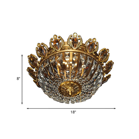 Traditional Beveled Crystal Bowl Flush Mount Ceiling Lamp With 4 Brass Heads For Bedroom Lighting
