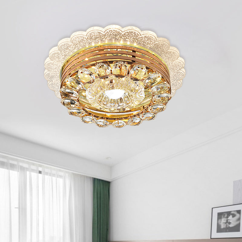 Crystal Drop Gold Flushmount Light With Led Scalloped Edge & Metal Round Design - Minimalist