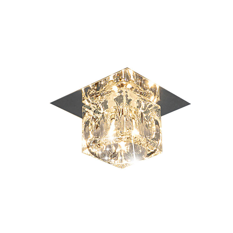 Crystal Flush Mount Led Ceiling Lamp With Beveled Square Design Chrome Finish - Warm/White Light